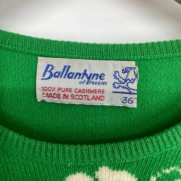 Vintage Ballatyne Sweater Women's Cashmere Thin Green Floral Made In Scotland - Picture 5 of 8
